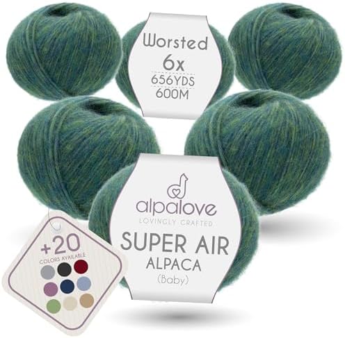 Super Air Worsted Yarn, Air-Spun Alpaca Fiber, Lightweight, 4 Skeins