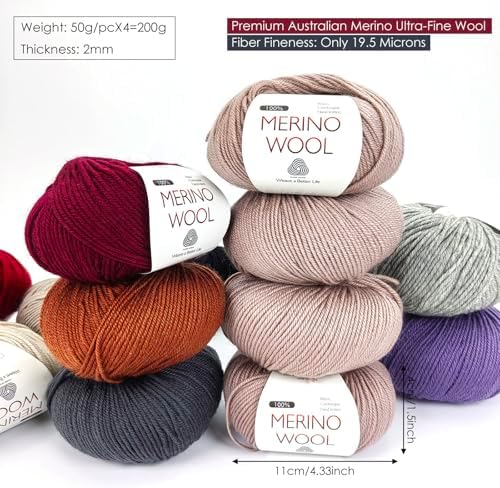 4-ply Australian Merino Ultra-fine 100% Wool Yarn, 4pcs=200g/7oz,Soft