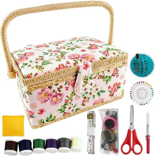 NROZIET Sewing Basket for Sewing Supplies, Wooden Sewing Kit Storage