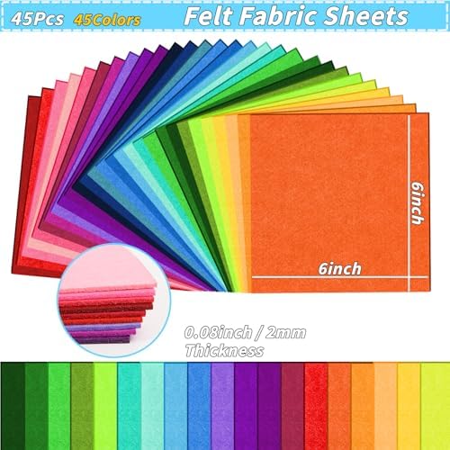 45 PCS Felt Fabric Sheets 6 x 6 Inch 2mm Craft Felt Sheets
