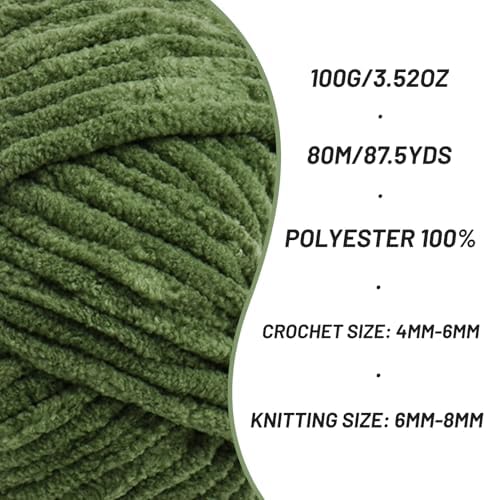 Fluffy Chenille Yarn for Crocheting, Army Green