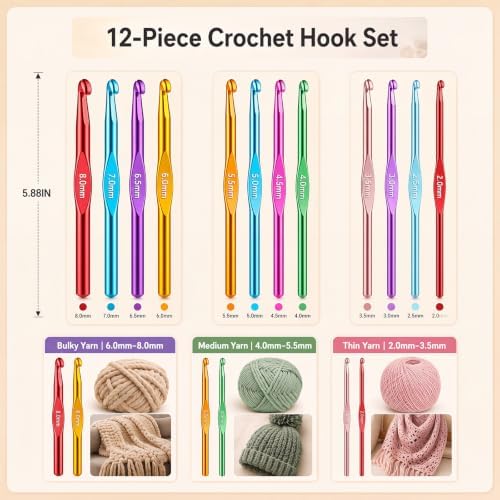 Meikeer 12pcs Crochet Hook Set, 2.0-8.0mm