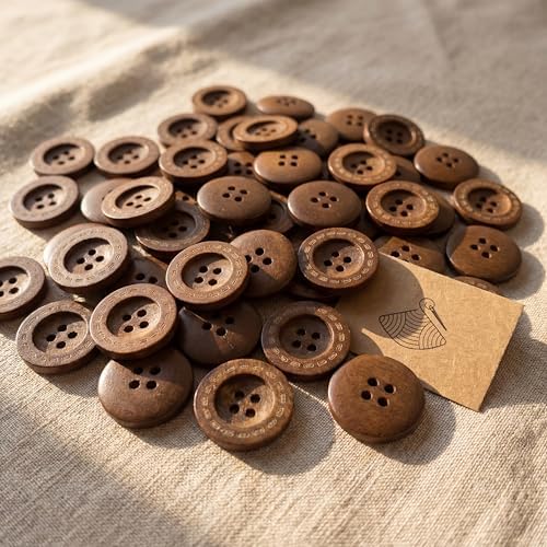 MTCELL 50 Pcs Brown Classic Wooden Buttons, 1-Inch (25mm), 4 Holes