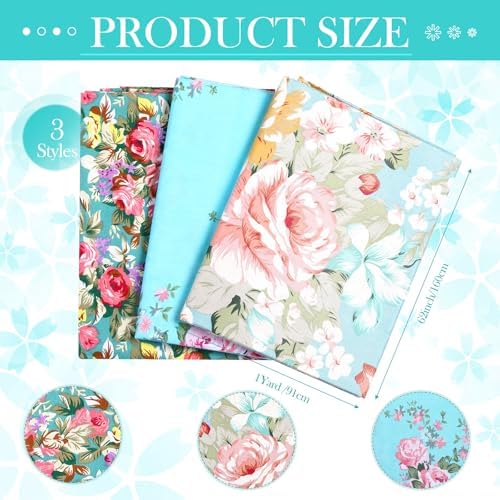 Boao 3 Pcs Cottage Floral Cotton Fabric Rose Print 36 x 62 Inch