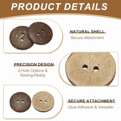 Natural Coconut Shell Buttons, 2 Holes Wooden Buttons - Fitting for