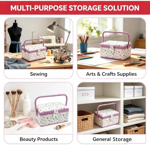 Sewing Box with Accessories Set, Fabric Floral Craft Storage Organizer