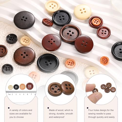 HARFINGTON 30pcs 16L Wooden Sewing Button 3/8"(10mm) 4 Holes Wood