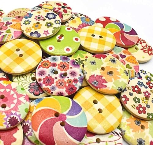 50Pcs 30mm Mixed Wooden Buttons in Bulk Buttons for Crafts Button