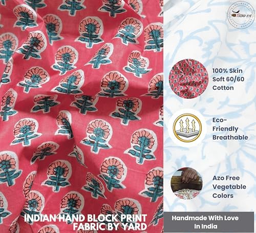 100% Cotton Fabric by the Yard, Hand Block Print Fabric for Sewing