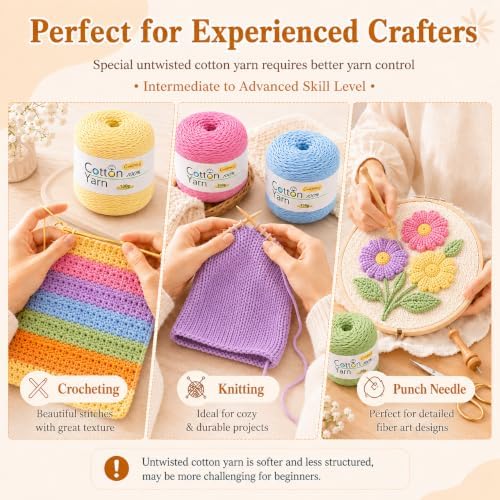 Coopay 1OO% Cotton Yarn for Knitting, Untwisted 16 Ply Soft Crochet