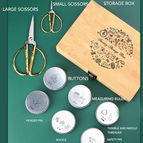 Complete Sewing Kit with Double-Layer Wooden Storage Box, Including