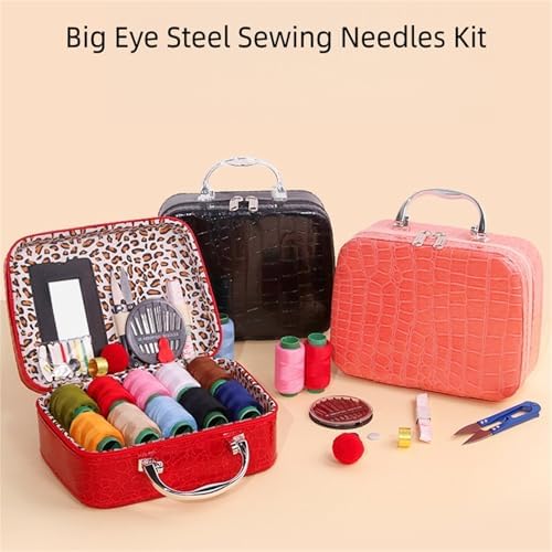 Complete Portable Sewing Kit in Faux Leather Case - Includes Big Eye