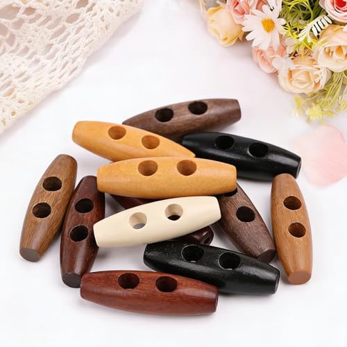 Wooden Toggle Buttons, 128 Pcs Oval Wooden Buttons for Sewing, Coat