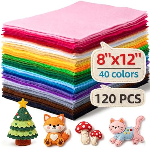 Simetufy 120 Pcs 8x12 Felt Sheets for Crafts, 40 Colors Stiff Felt