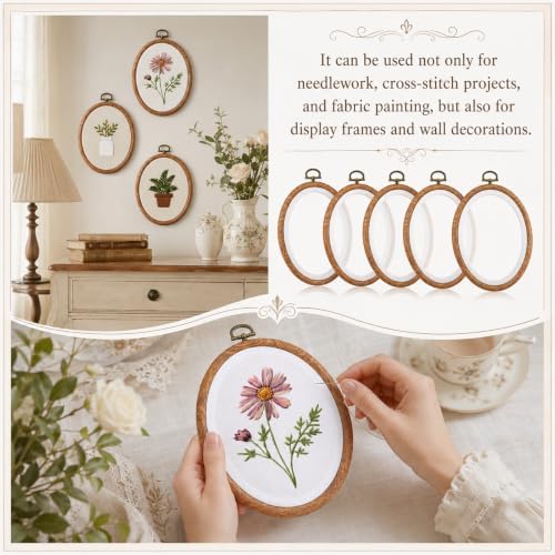 5 Pcs Oval Embroidery Hoops 4.8 x 5.9 Inch, Imitated Wood Display