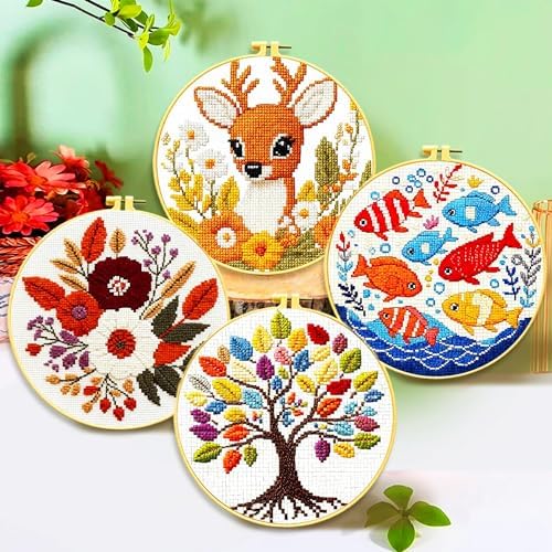 Zhenqing 4 Pack Nature Stamped Cross Stitch Kit for Adults and