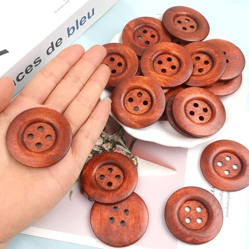 YAKA 22pcs Brown Round Wood Buttons 4 Holes,Craft Buttons for Sewing