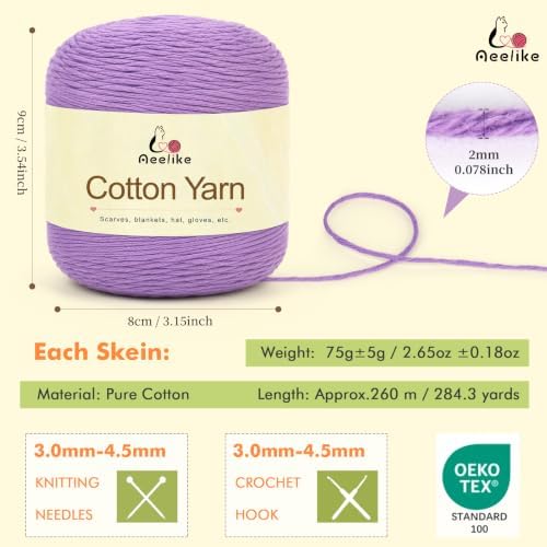 Aeelike Cotton Yarn for Crocheting, Size 2, Multicolor 10-Skein Set