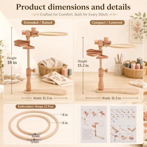 Novabright 2 Pack Beech Wood Embroidery Hoop Stand with 6" 8" Hoop and