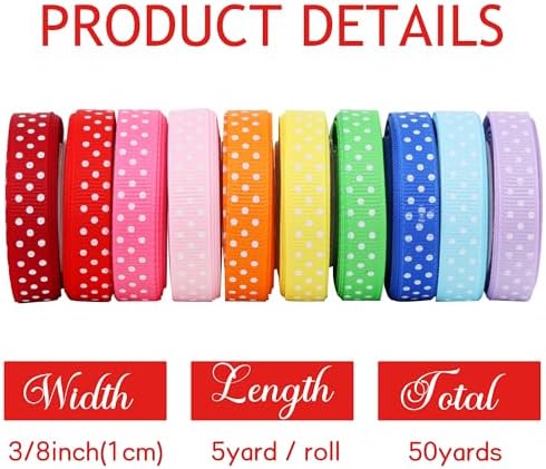 TONIFUL 3/8 Inch Polka Dots Grosgrain Ribbons,10 Colors 50 Yards