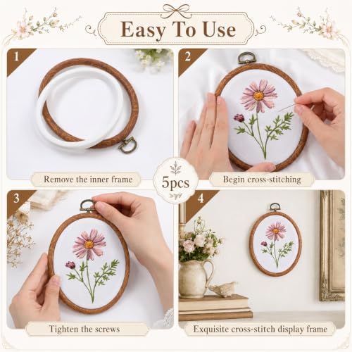5 Pcs Oval Embroidery Hoops 4.8 x 5.9 Inch, Imitated Wood Display