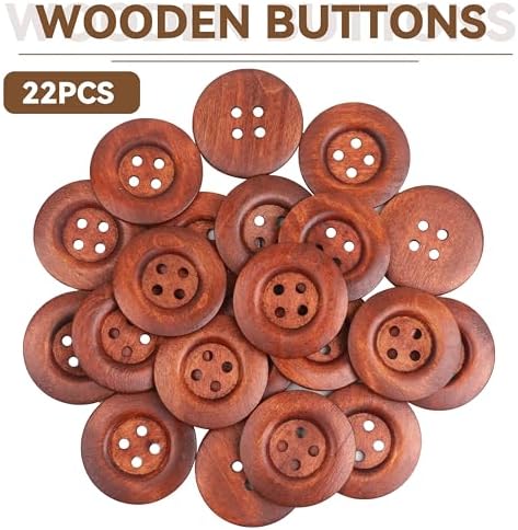 YAKA 22pcs Brown Round Wood Buttons 4 Holes,Craft Buttons for Sewing