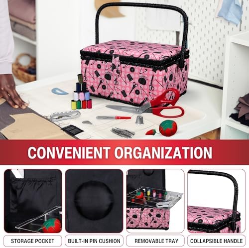 SINGER 07276 Sewing Basket with Sewing Kit Accessories, Pink & Black