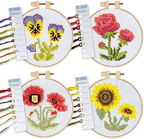 Kraftex 4 Pack Stamped Flower Cross Stitch Kits, 6.75 Inch