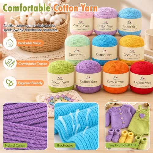 Aeelike Cotton Yarn for Crocheting, Size 2, Multicolor 10-Skein Set