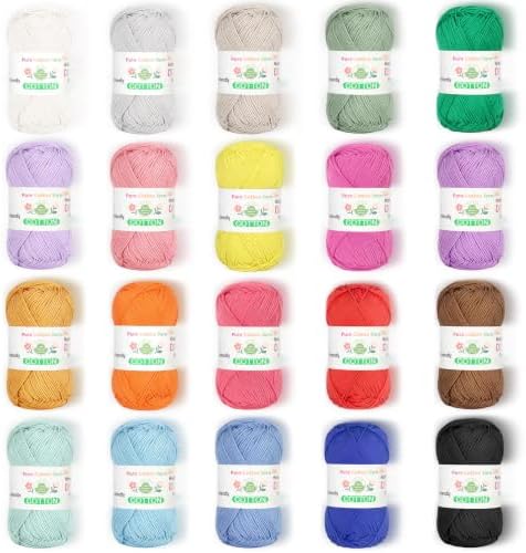 Katech 20 Pack Pure Cotton Yarn for Crocheting, Twisted Sport Weight