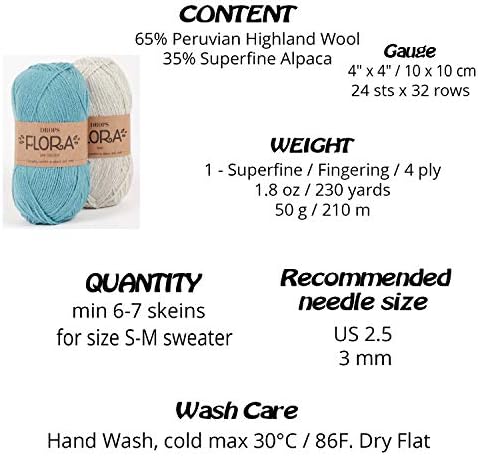 65% Wool 35% Alpaca Yarn, Drops Flora, 1 or Superfine, Fingering