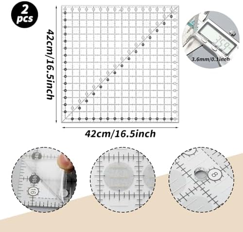 Tellegloww 2 Pcs Square Quilting Ruler 16.5 x 16.5 Inch Acrylic