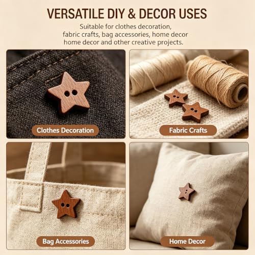 50PCS Five-Pointed Star Wooden Button Natural Vintage 20mm Hand-Sewn