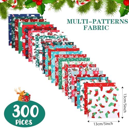 Preboun 300 Pcs Christmas Fabric Squares Quilting 5x5 Inches