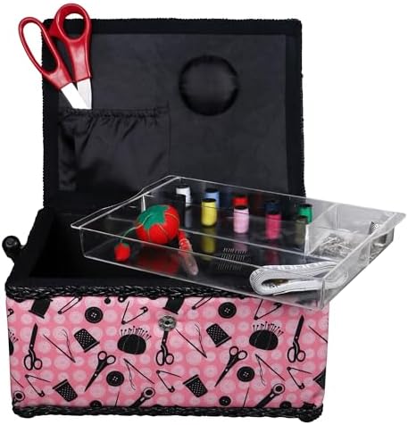SINGER 07276 Sewing Basket with Sewing Kit Accessories, Pink & Black