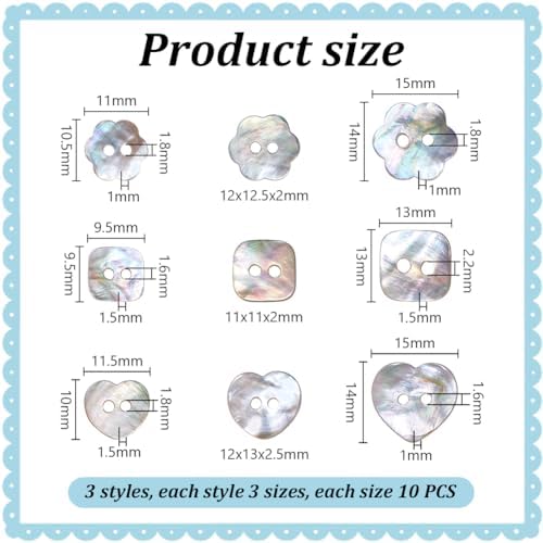 PH PandaHall 90pcs 3 Shapes Natural Shell Buttons, 10~15mm, 2-Hole