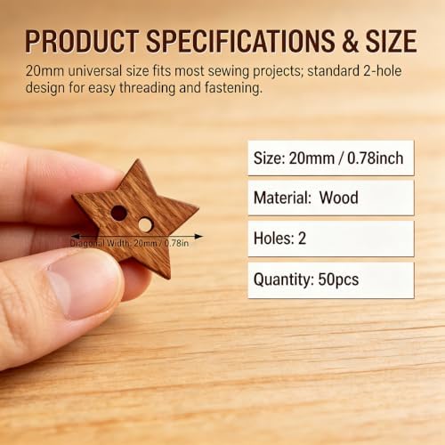 50PCS Five-Pointed Star Wooden Button Natural Vintage 20mm Hand-Sewn