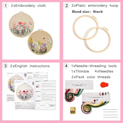 Flowers Embroidery Kits for Beginners, 2 Hoops