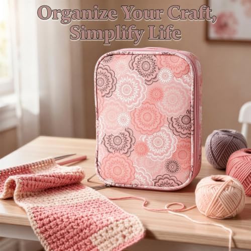 Pink Floral Crochet Hook Case, 9.1 x 6.7 in 600D Oxford Cloth Knitting