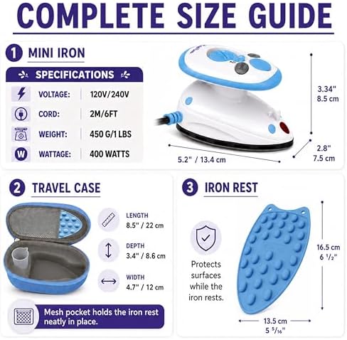 The Quilted Bear Premium Mini Steam Iron for Quilting and Travel, Blue
