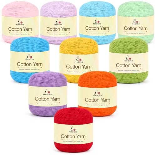 Aeelike Cotton Yarn for Crocheting, Size 2, Multicolor 10-Skein Set