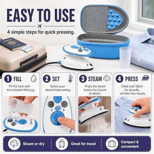 The Quilted Bear Premium Mini Steam Iron for Quilting and Travel, Blue