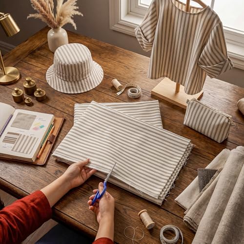 Fanfanwin 5 Yard Khaki Ticking Stripe Fabric 100% Cotton 45" Wide
