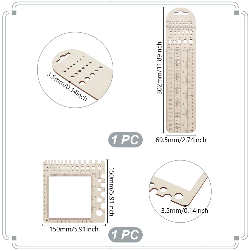 AHANDMAKER 2Pcs Wood Knitting Gauge Rulers, 2 Styles Knitting Needle