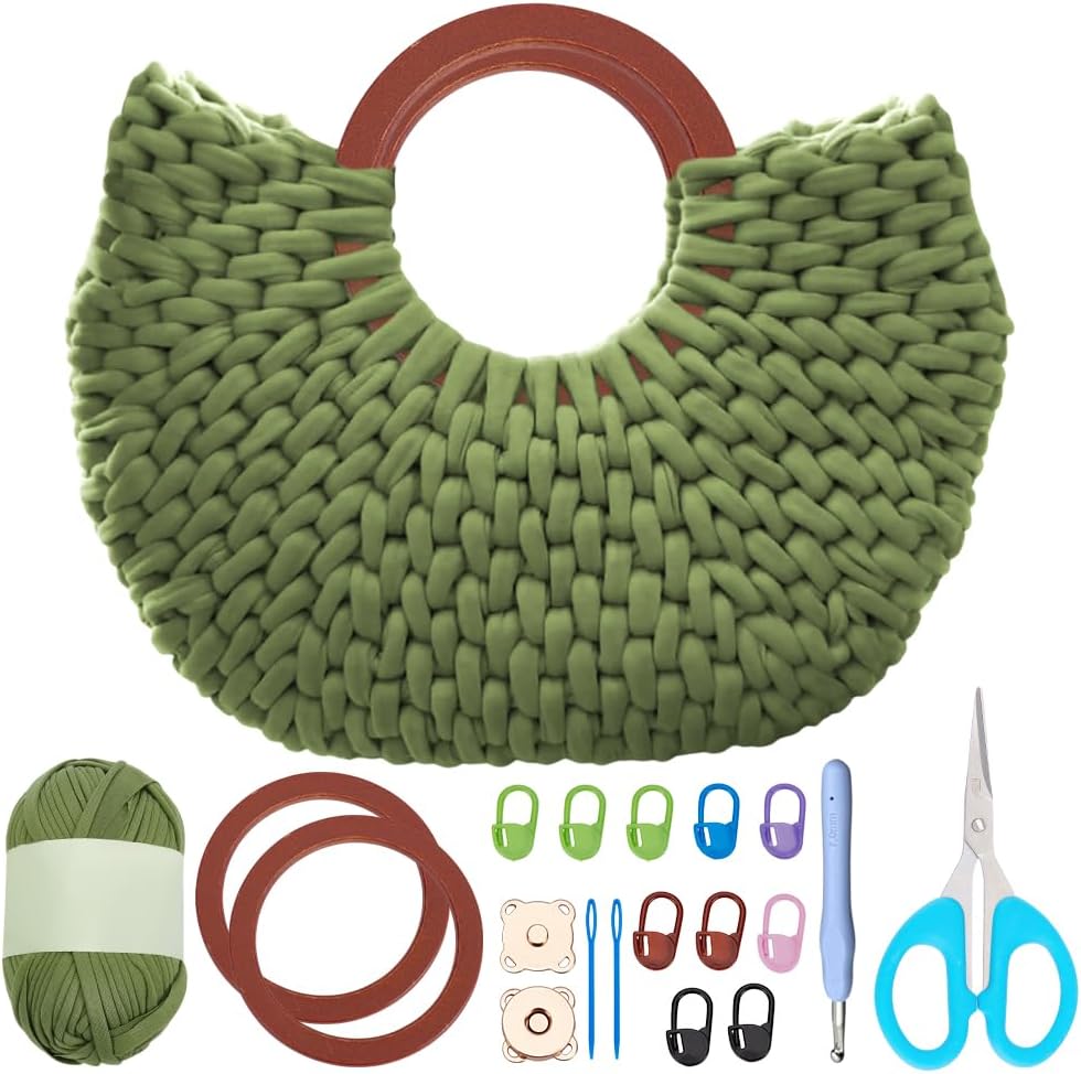 FREEBLOSS Crochet Bag Kit for Beginners Wooden Handle Crochet Tote Bag