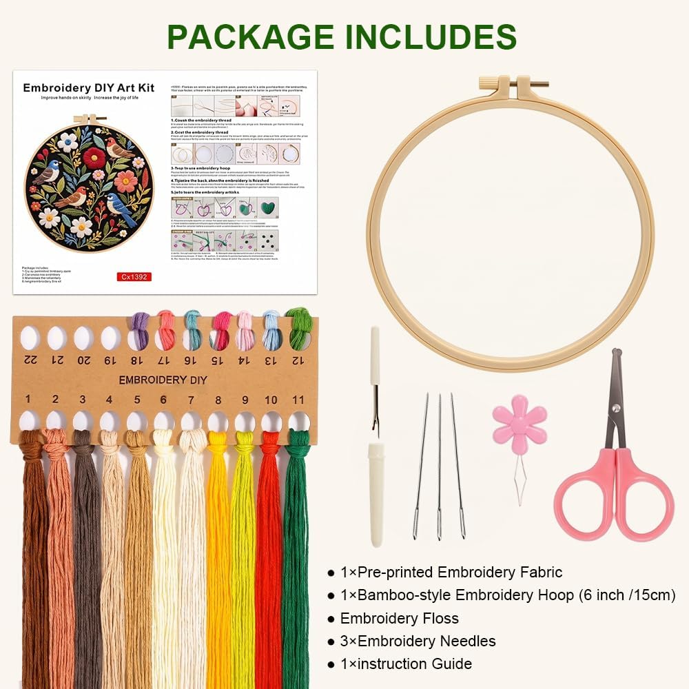 Bird Embroidery Kit for Beginners, Floral Hand Embroidery Starter Kit