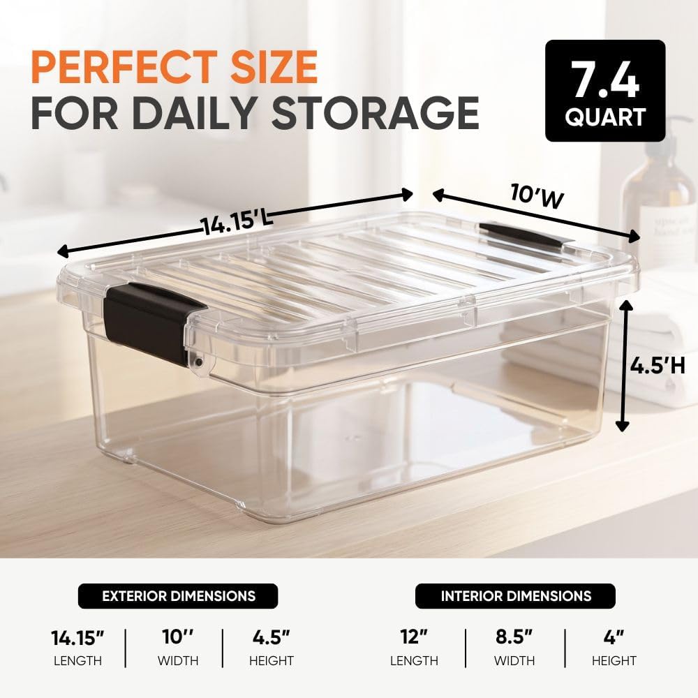 Superio 7.4 Quart Clear Plastic Storage Bin with Lid, Stackable