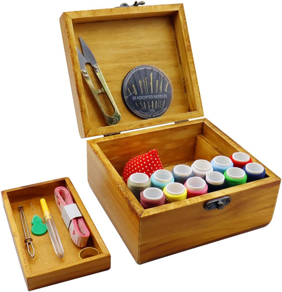 Flytreal Sewing Kit Small Box Basket, Wooden Hand Home Sewing Repair