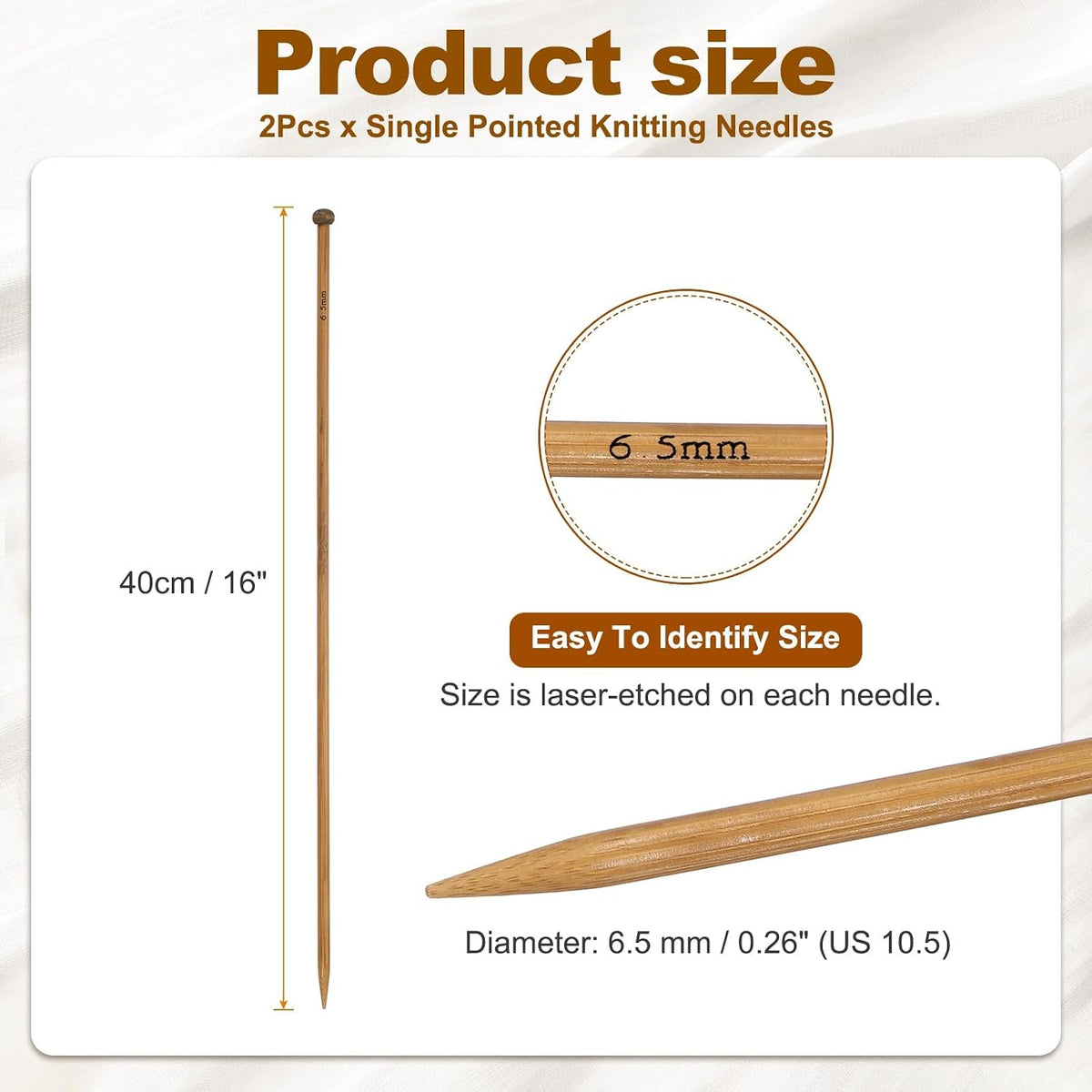 HARFINGTON 2Pcs Single Pointed Knitting Needles Size US 10.5 (6.5mm)