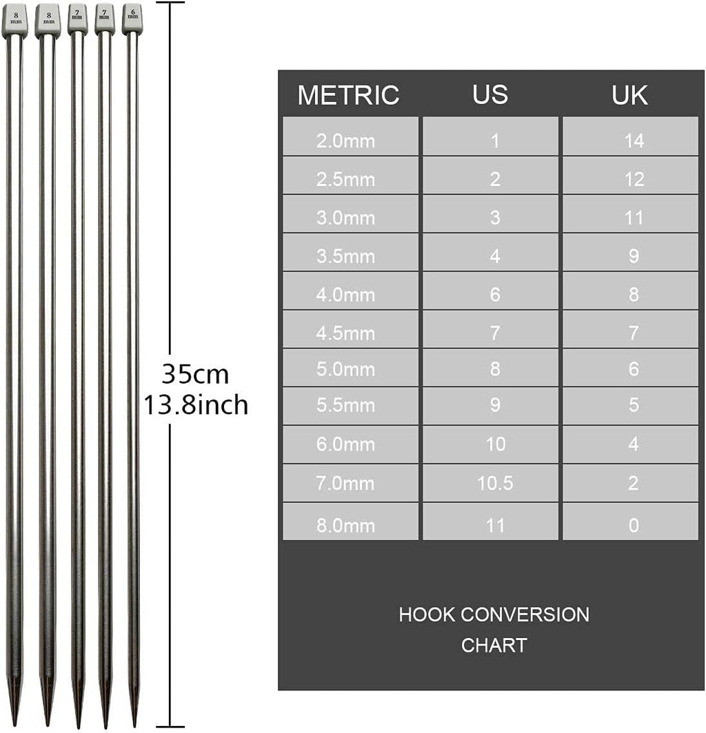 KOKNIT 13.5'' Knitting Needle Set, 22PCS 2mm(B)-8mm(L) Straight